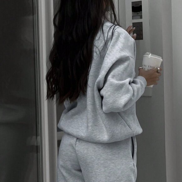 Grey Casual Women's Half Zipper Hoodie And Jogger Pants Two Piece Set - Picture 3 of 7